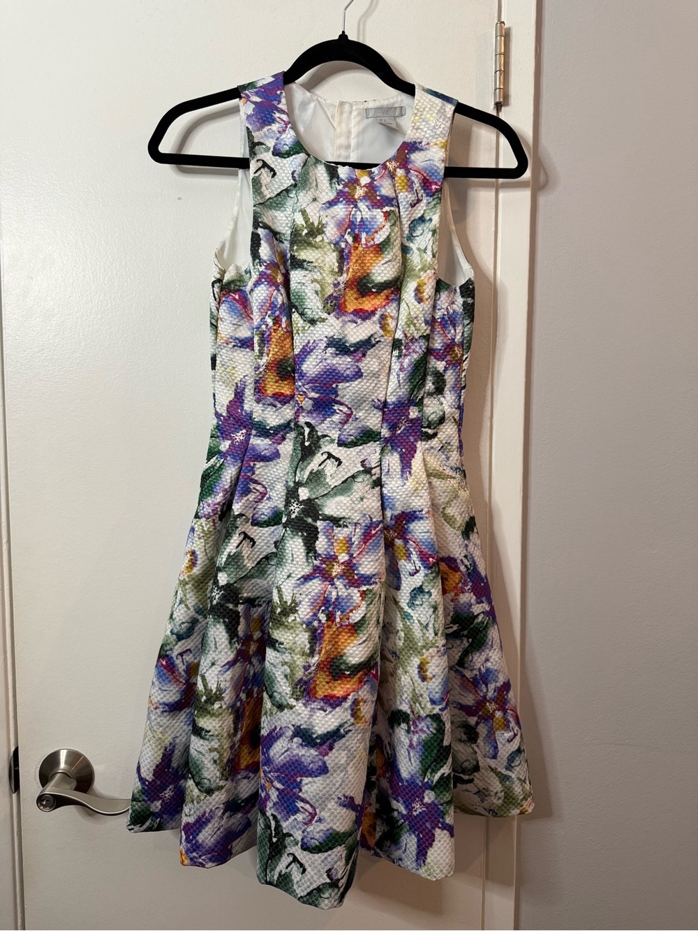 H&M White Floral Fit-and-Flare Dress with Purple & Green Accents